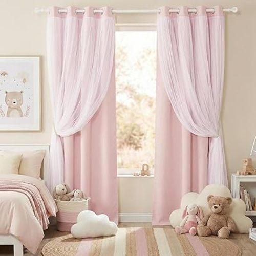 PONY DANCE Pink Blackout Curtains with White Sheer Overlay 63 Inches Length for Girls Bedroom, Double Layered Room Darkening Window Drapes for Nursery Light Blocking(52 Inch Wide, 2 PCs)
