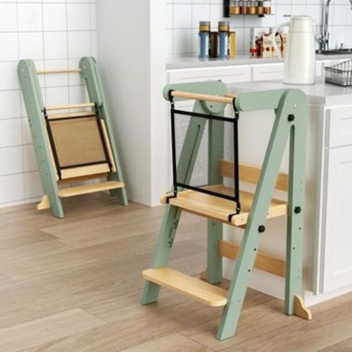 HOMLUX Foldable Toddler Kitchen Step Stool, 3 Adjustable Height Kitchen Stool with Safety Net for Kids Ages 1–6, Green