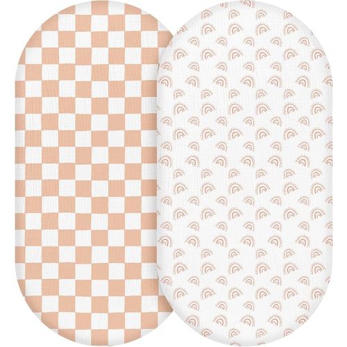 Muslin Bassinet Fitted Sheets, 2 Pack for Baby Boy and Girl, Soft Breathable Baby Pad/Mattress Sheet, Fit for Hourglass Oval and Rectangle Bassinet Mattress (Lattice Rainbow)