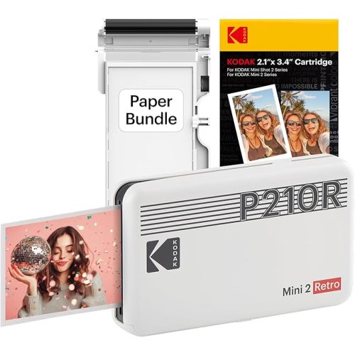 KODAK Mini 2 Retro 4PASS Portable Photo Printer, 2.1x3.4 inches, Instant Picture Printer for iPhone and Android, Photo Printer Gift, 38 Sheets Bundle, White