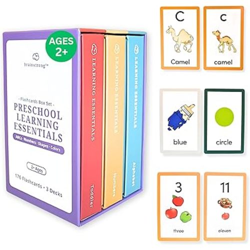 Preschool and Toddler Flashcards | Ages 2-5 | Preschool - Kindergarten | Letter Numbers Shapes Colors | Brainstrong Premium Flash Cards | Preschool Learning Esssentials in Three Decks