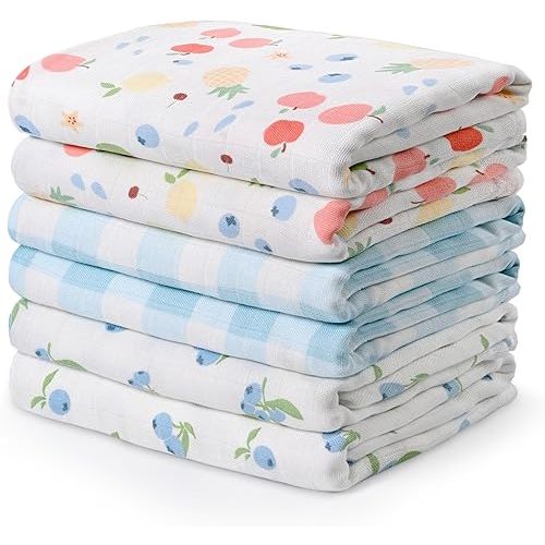 GLLQUEN BABY Receiving Blanket Boy Cotton Muslin Swaddle Blankets Girl Newborn Squares Breathable & Soft Thin Baby Blankets Cloths Double Absorbent Infant Swaddling Wrap - 6 Pack (Azure Berry Dream)