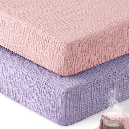 Muslin Crib Sheets for Boys Girls, 100% Cotton Fitted Crib Sheet 2 Pack for Standard Crib and Toddler Mattress, Breathable Soft Baby Sheet 28x52x8in Pink & Purple