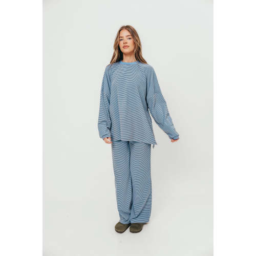 Naomi Mini Stripe Fleece Oversized Long Sleeve Top in Blue/Brown - Bump Friendly