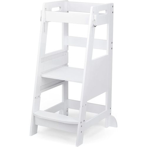 TOETOL Bamboo Toddler Kitchen Step Stool White Helper Standing Tower Height Adjustable with Anti-Slip Protection for Kids Kitchen Counter Learning