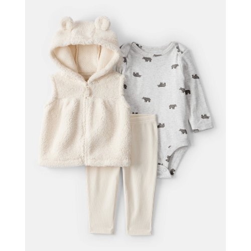 Baby Girl 3-Piece Bear Print Sleeveless Jacket, Bodysuit & Pant Set - White | Carter's