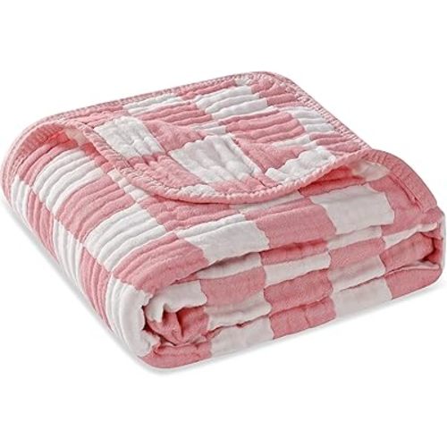 Ultra-Soft Muslin Baby Blanket - Swaddle & Crib for Girls, Pink Checkered (1-Pack)