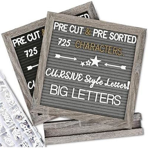 Double Sided Felt Letter Board with Letters - Pre Cut & Sorted 725 letters with Stand, Cursive Style Letters, Big Letters, Plastic Organizer, Tabletop Display, Rustic Farmhouse Wall Decor