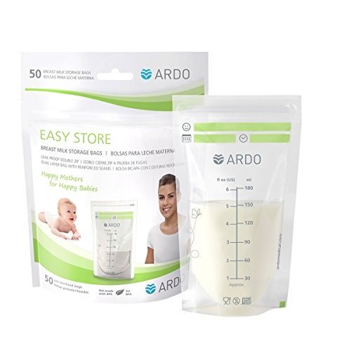 Ardo Easy Store - 50 Extra-Strong Breast Milk Storage Bags for Fridge and Freezer (180ml, 6 fl.oz.), with Easy-to-Read Scaling, 50 Bags, Stackable and Self-Standing