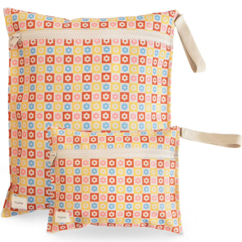 mushie Water Resistant Wet Bags | Large & Small Reusable Storage Bag for Baby Items and Travel | Zippered Pockets with Handle | Machine Washable, Set of 2 (Happy Flowers Check)