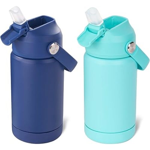 Kerilyn 12oz Kids Water Bottle 2 Pack, Stainless Steel Insulated Water Bottle Bulk, Toddler Cups with Straws Leak-Proof, Kids Water Bottles for School Boys Girls, BPA Free, Blue+Green 2 Piece Set
