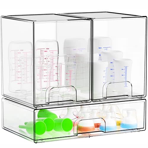 Yieach 3 Set Clear Baby Bottle Organizer for Countertop,BPA FREE Bottle Station Organizer for Breast Pump Parts,Pacifier and Baby Accessories,Stackable Drawers for Bathroom,Cabinet,Pantry Organization