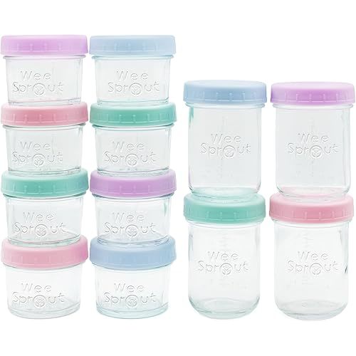 WeeSprout Baby Food Storage Glass Jars w/Lids (4/8 oz, 12 Pack) Pastel Variety, Snack, Reusable Small Containers, Fridge or Freezer, Microwave & Dishwasher Safe, Essentials for Infants