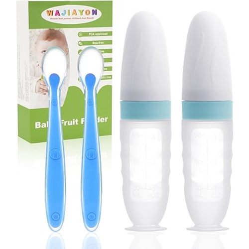 WAJIAYON Baby Food Feeder 4 Pack Silicone Baby Food Dispensing Spoon-3 oz Squeeze Feeding Spoons with Suction Cup for Boys Girl Kids Toddlers - Self Feeding Bottle Spoon-Light Blue