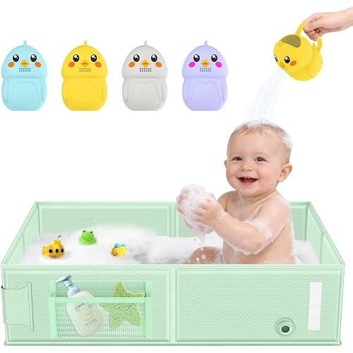 Collapsible Baby Bathtub, Foldable Toddler Bath Tub with Chick Pattern Bath Rinse Cup, No Assembly Portable Travel Bathtub for 6M-5Y, Ideal for Shower, Travel Essentials & Baby Registry Gift