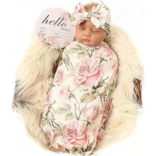 Galabloomer Newborn Receiving Blanket Headband Set Baby Flower Swaddle (vintage flower)