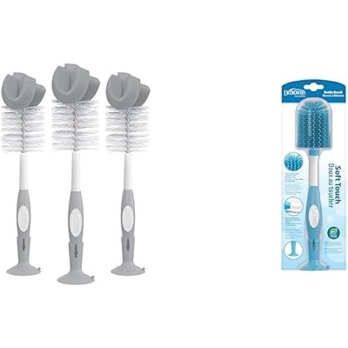 Dr. Brown's Reusable Sponge Baby Bottle Cleaning Brush, Gray, 3 Pack + Soft Touch No Scratch Baby Bottle Cleaning Brush, Blue, 1-Pack