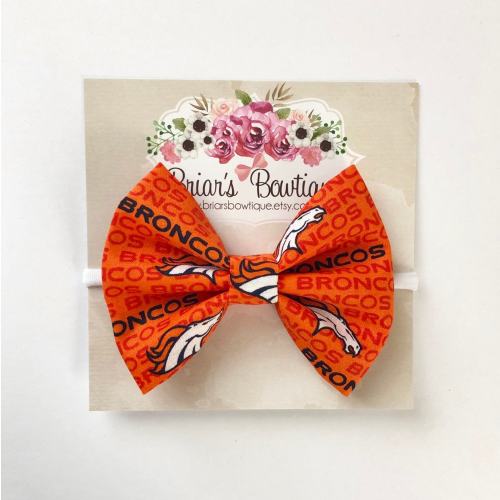 Denver Broncos bow headband or hair clip; football bow; Broncos fabric bow on a white nylon headband or clip; Hair bow; baby, toddler, girl
