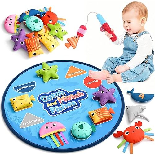 Coogam Montessori Toys for 1 2 3 Year Old, Cloth Fishing Game for Toddlers Gift, Color Sorting & Shape Learning Toys 6-12-18 Months, Toy for 1 Year Old Baby Birthday