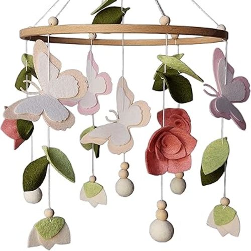 Floral Baby Mobile for Girls – Garden Nursery Crib Mobile with Butterflies, Pink Roses, Flower Buds & Natural Leaves – Handmade Boho Mobile in Soft Peach & Blush
