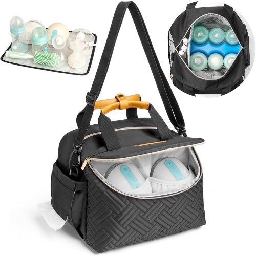 Wearable Breast Pump Bag Portable Breast Pumping Travel Bags for Work Mom Breastmilk Cooler Carrying Case for 6 Bottles with Adjustable Shoulder Strap Dividers Changing Mat