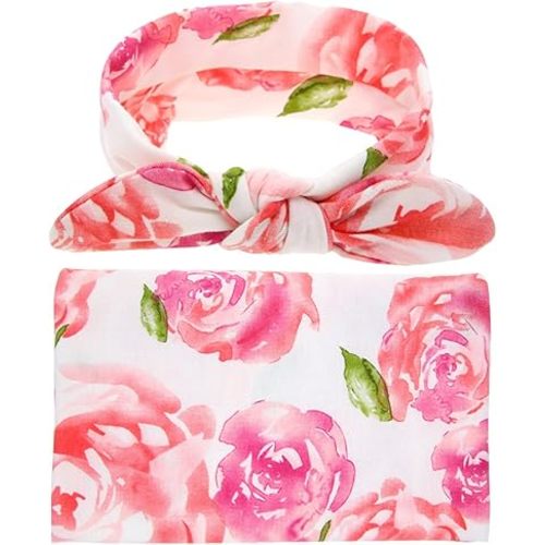 DRESHOW BQUBO Newborn Floral Receiving Blankets Newborn Baby Swaddling with Headbands Sleepsack Toddler Warm