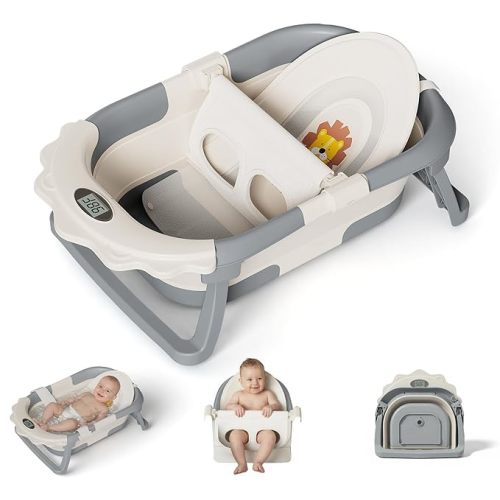 MoreFeel Foldable Baby Bathtub with Thermometer - 4-in-1 Grow-with-Me Collapsible Infant Tub (Newborn to Toddler) with Adjustable Mesh Sling - Space Saving Design
