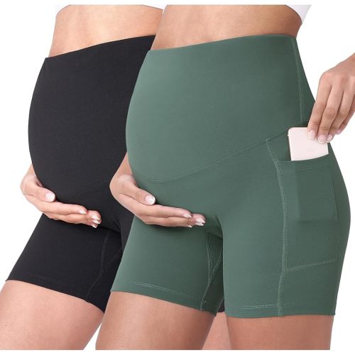 POSHDIVAH Women's Maternity Yoga Shorts Over The Belly Bump Summer Workout Running Active Short Pants with Pockets 5"/8"