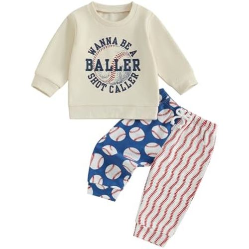Toddler Baby Boy Fall Clothes Long Sleeve Letters Baseball Embroidery Sweatshirt & Plaid Pants Outfit Set