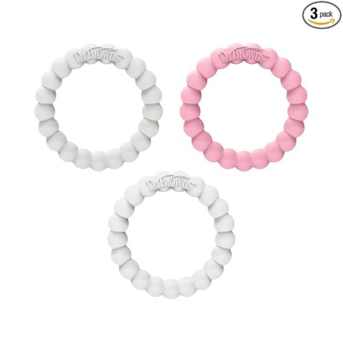 Dr. Brown's Flexees Teether Rings, 100% Silicone, Soft and Easy to Hold, Encourages Self-Soothe, 3 Pack, Pink, White, Gray, BPA Free, 3m+