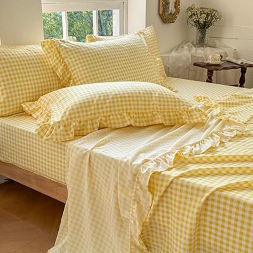NSNLGSGC Yellow Gingham Ruffle Twin Sheet Set