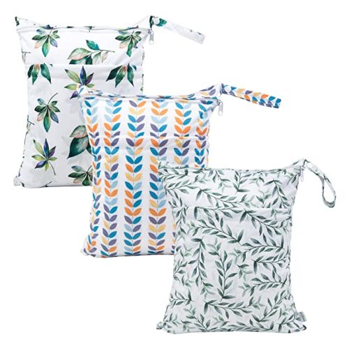 babygoal Wet Dry Bags for Baby Cloth Diapers, Washable Travel Bags, Beach, Pool, Gym Bag for Swimsuits & Wet Clothes with Two Zippered Pockets 3 Pack 3LN08 - willow and eucalyptus leaves