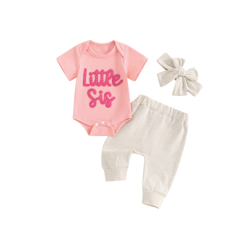 Newborn Baby Girl Little Sis Outfits Letter Short Sleeve T-shirt Romper Pants Set Headband Coming Home Hospital Clothes