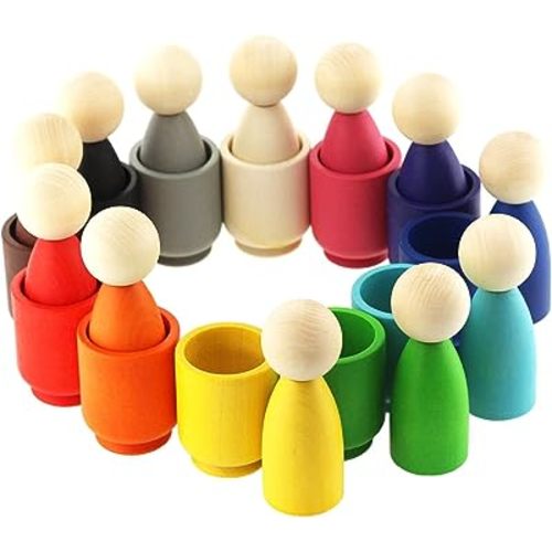 Ulanik Large Peg Dolls in Cups Toddler Montessori Toys for 3 Year Old + Kids Wooden Waldorf Dolls for Learning Color Sorting and Counting — 12 Gnomes, 3.35 in
