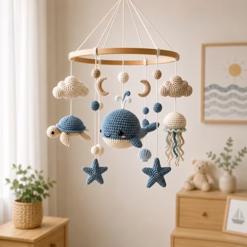 Crochet Ocean Baby Mobile, Bluewhale Crib Mobile, Sea Turtle Jellyfish Nursery Decor, Handmade Baby Shower Gift