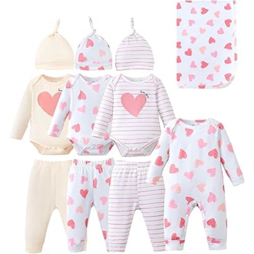Renotemy Baby Girl Boy Clothes Fall Winter Essential 11-Piece Layette Set with Bodysuits, Pants, Hat, Jumpsuit, Blanket Infant Unisex Outfit Gift for Coming Home, Shower Gifts (3-6 Months,Heart Print)