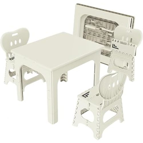 Foldable Table and Chair Set, Height Adjustable Portable Activity Table with 2 Folding Chairs, Indoor Outdoor Kids Adults Table Set for Study, Crafts, Camping, Picnic, Snacks, Small Spaces