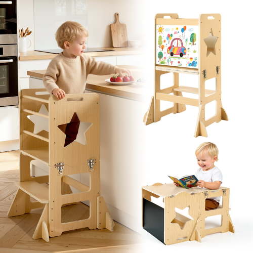 VEVOR Toddler Tower, Wooden, 4 in 1 Kitchen Step Stool for Kids 1-5, Montessori Weaning Table and Chair Set, Learning Standing Tower with Chalkboard, Easy to Clean, for Bathroom and Kitchen Counter
