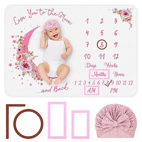 Baby Monthly Milestone Blanket, Precise Hour Moments with Knitted Hat,51”L x40”W,Recording 1 to 12 Months Moments,Thicker Extra Soft Flannel,Best Photography for Newborn,Baby Girl(Pink Flower)