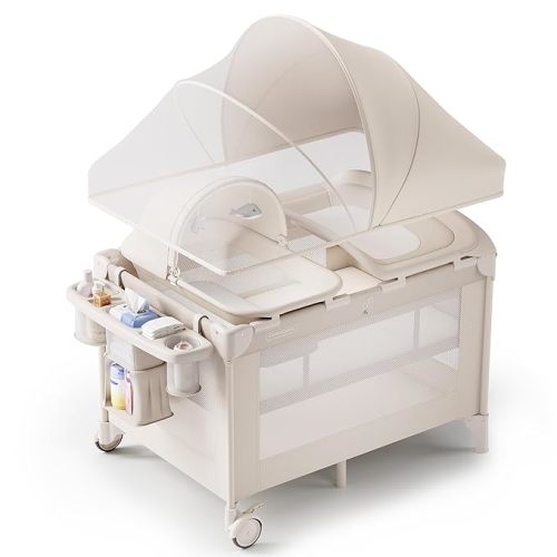 4-in-1 Baby Bassinet with Playard, Napper Bassinet, Changing Table, Mosquito Net & Canopy, Storage and Toys for Newborn to Toddler