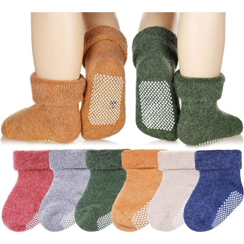 Eyean Baby Wool Grip Sock Soft Winter Warm Thick Non Slip Toddler Boy Girls Crew Socks For Children 6 Pairs - Solid Color