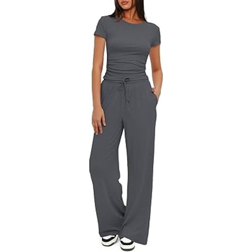 Darong Women's 2 Piece Summer Outfits Lounge Sets Side Ruched Short Sleeve Crop Top & Wide Leg Pants Matching Tracksuit