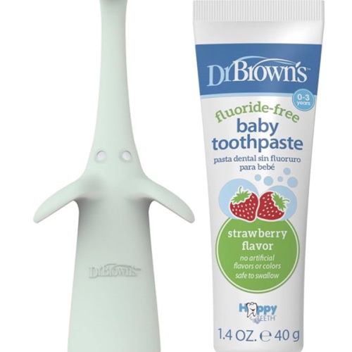 Dr. Brown’s™ Infant-to-Toddler Training Toothbrush Set, Mint Elephant with Fluoride-Free Strawberry Baby Toothpaste, 0-3 years