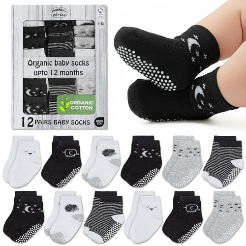 Mother's Choice Organic Cotton Baby Socks 0-6 Months - 06 pairs Unisex, Infant Black Socks, Soft Ankle Girls & Boys, Cozy Newborn Socks and Baby Gift Slipper Sock, Ideal In Daily Handling