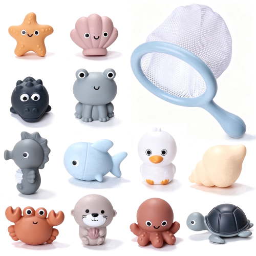 Ribeijess Baby Bath Toys for Pool, 12pcs No Hole Floating Sea Animal Rubber Bathtub Water Toy for Toddler 1-3 & Kids Fishing Net Boys Girls