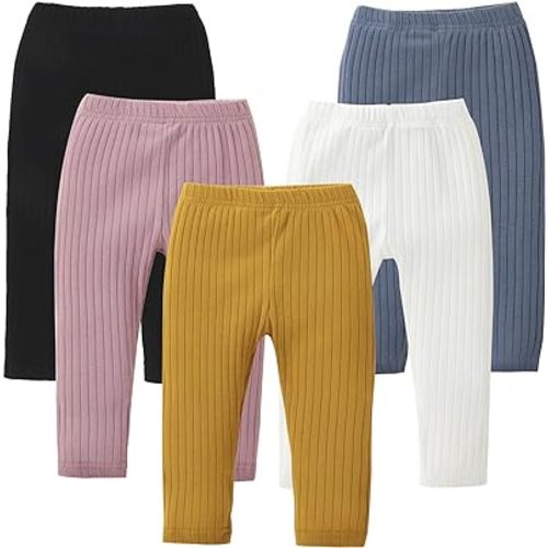 DREAM BUS 5 Pack Toddler Girl Pants Baby Girl Solid Ribbed Pants Toddler Girls Bottoms Leggings Newborn Cotton Jogger