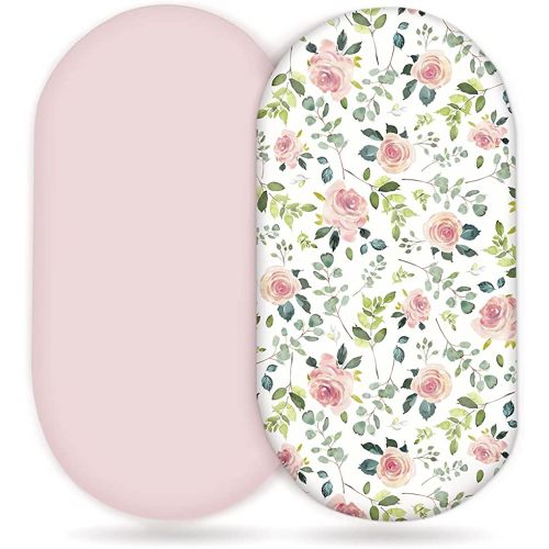 GRSSDER Stretchy Ultra Soft Baby Fitted Bassinet Sheet Set 2 Pack, Universal Cradle for Rectangle, Oval, or Hourglass Pad/Mattress, Pink Rose Sheets Girls