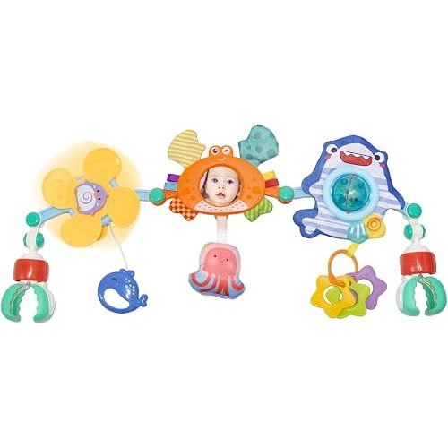UTOPLIKEY Adjustable Baby Stroller Arch Toy, Car Seat Toys for Infants 0 Months Bassinet Hanging Toy Bar Attachment with Mirror & Sound, Crib Comfort Gift for Birthday, Baby Shower