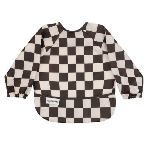 Tiny Twinkle Mess-Proof/Waterproof Long-Sleeve Baby Bib, Machine Washable Smock for Eating (Checkers Black, Small 6-24 Months)