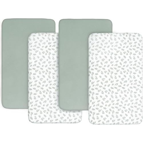 Bassinet Fitted Sheet(33" x 20"), 4 Pack for Most Bedside Sleeper Bassinet, Bassinet Sheets, Breathable & Soft Polyester, Green Leaf